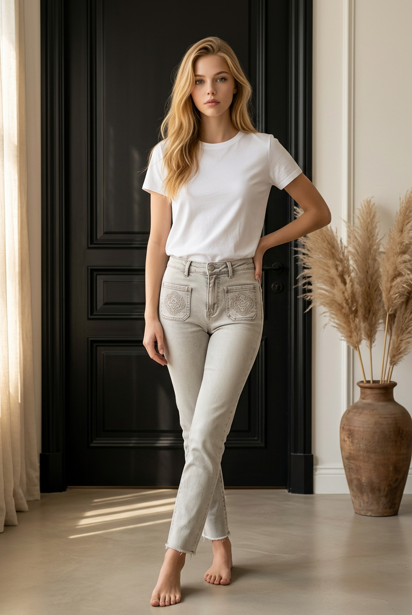 Jeans Coupe Droite Beige